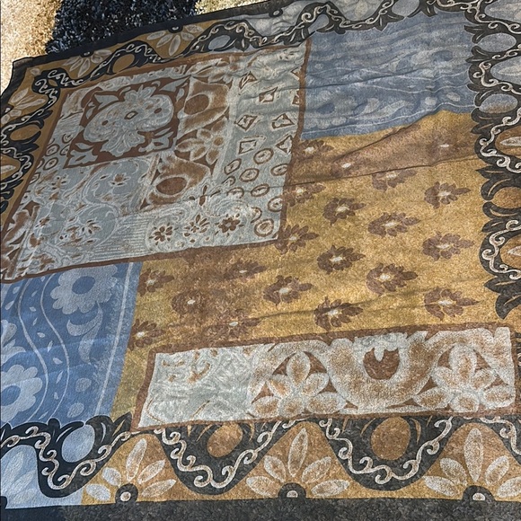 Vintage Multicolor Patterned Scarf Sheer Hair Wrap Brown Blue & Black Hues 34" - Picture 3 of 7